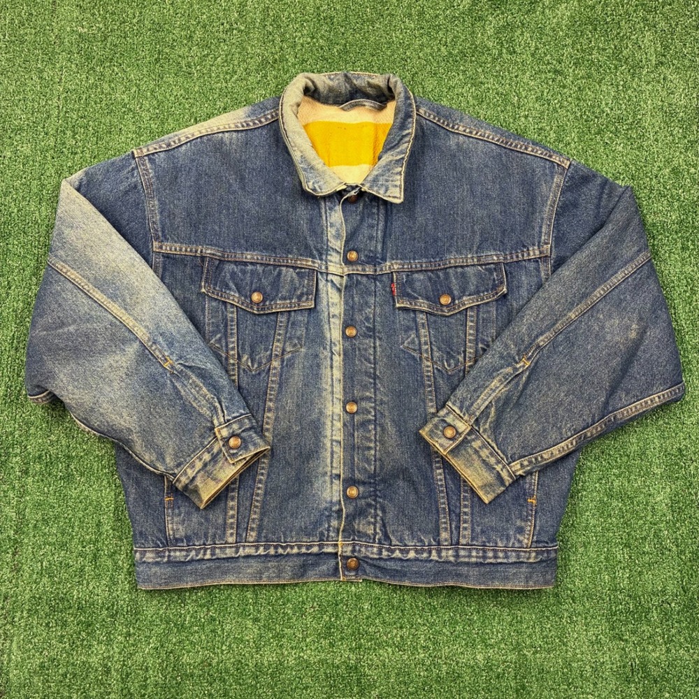 Vintage Levi's Hudson Bay Stripe Lined Jean Jacket Black Tab Usa - Picture 2 of 9